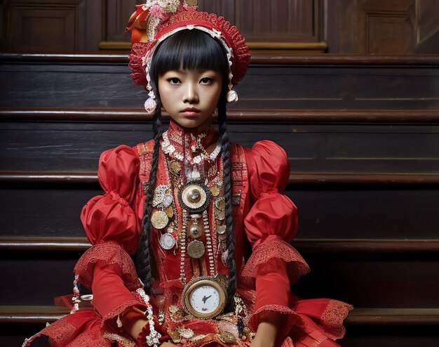 Portrait d'une belle fille chinoise en costume traditionnel avec une horloge