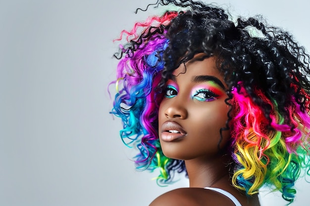 Photo portrait d'une belle fille avec une coiffure asymétrique au néon arc-en-ciel sur fond gris