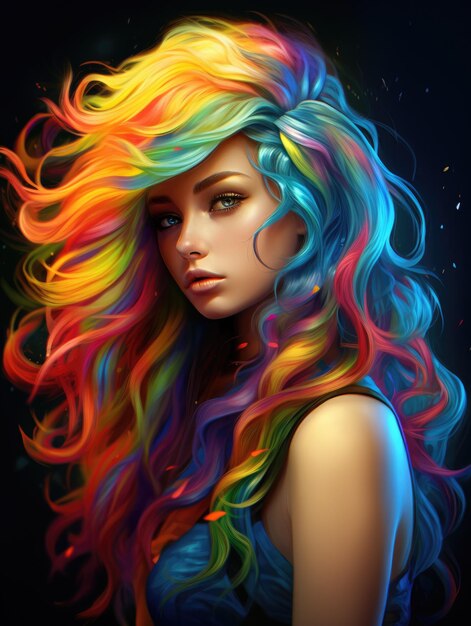 Photo portrait d'une belle fille avec une coiffure lumineuse et des cheveux multicolores arc-en-ciel