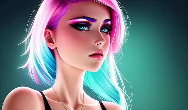 Portrait d'une belle fille avec une coiffure lumineuse en néon