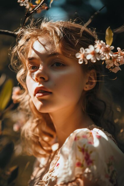 Photo portrait d'une belle fille dans une couronne de fleurs sur un fond d'arbres en fleurs