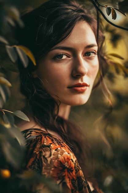 Portrait d'une belle fille dans la forêt d'automne en gros plan