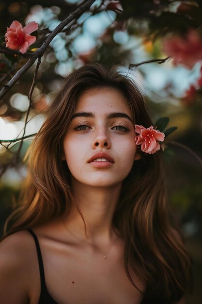 Portrait d'une belle fille dans un jardin en fleur mode beauté