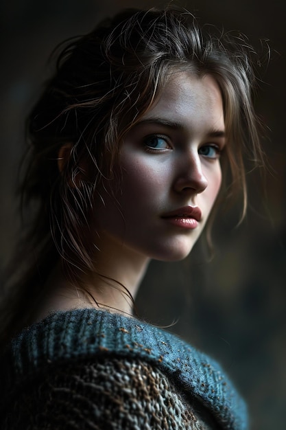 Portrait d'une belle fille dans un pull sur un fond sombre