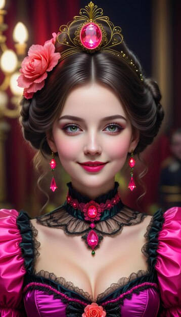 Portrait d'une belle fille dans une robe rose avec une couronne sur la tête