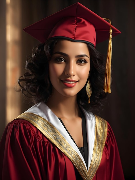 Portrait d'une belle fille diplômée heureuse avec robe de graduation et casquette