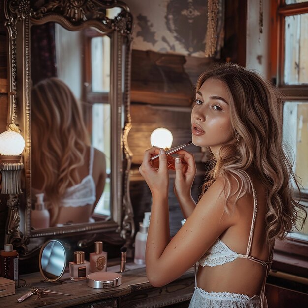 Photo portrait d'une belle fille européenne qui se maquille