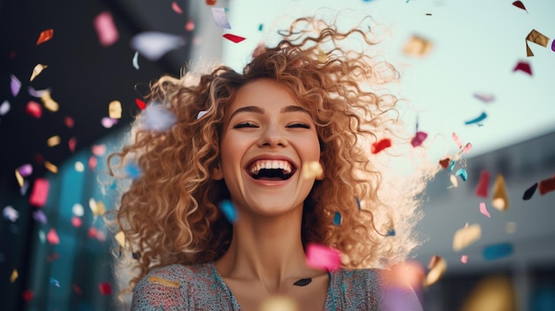 Portrait d'une belle fille joyeuse debout sous la pluie de confettis et célébrant sur fond flou Créé avec la technologie Generative AI