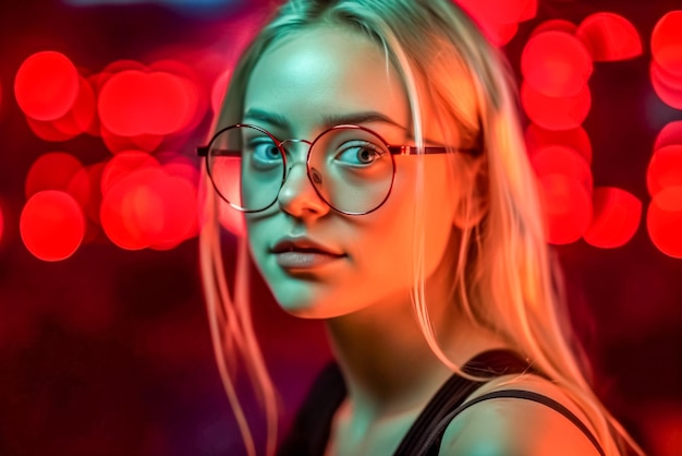 Portrait d'une belle fille avec des lunettes sur un fond rouge AI générative