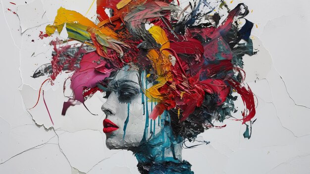 Portrait d'une belle fille avec un maquillage brillant et une coiffure colorée Collage de papier déchiré éclectique