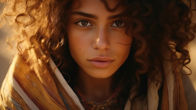 Portrait d'une belle fille marocaine aux longs cheveux bouclés et à la lumière chaude