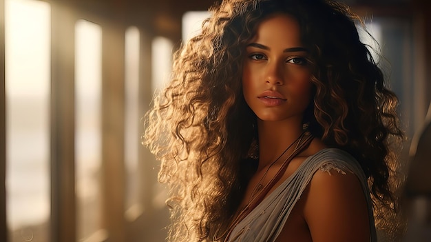 Portrait d'une belle fille marocaine aux longs cheveux bouclés et à la lumière chaude