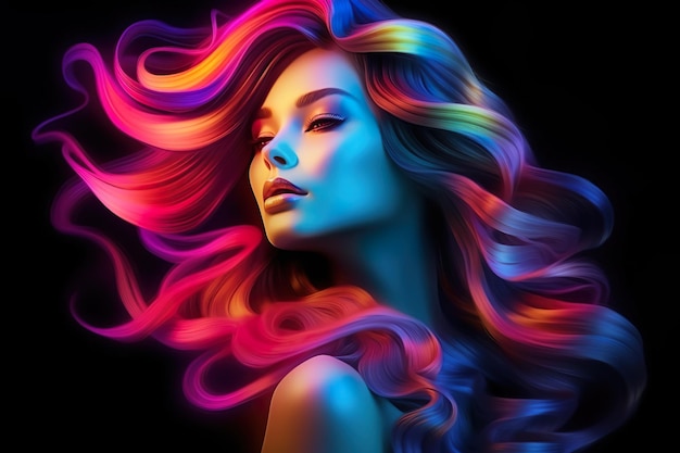 Portrait d'une belle fille modèle aux cheveux ondulés multicolores croquis professionnel réalisé avec des couleurs