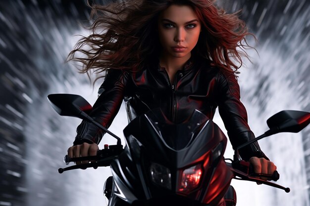 Portrait d'une belle fille sur une moto bucker sports motocross luxe style glamour cool free ride voyage cuir latex vêtements style de vie vitesse casque d'équitation