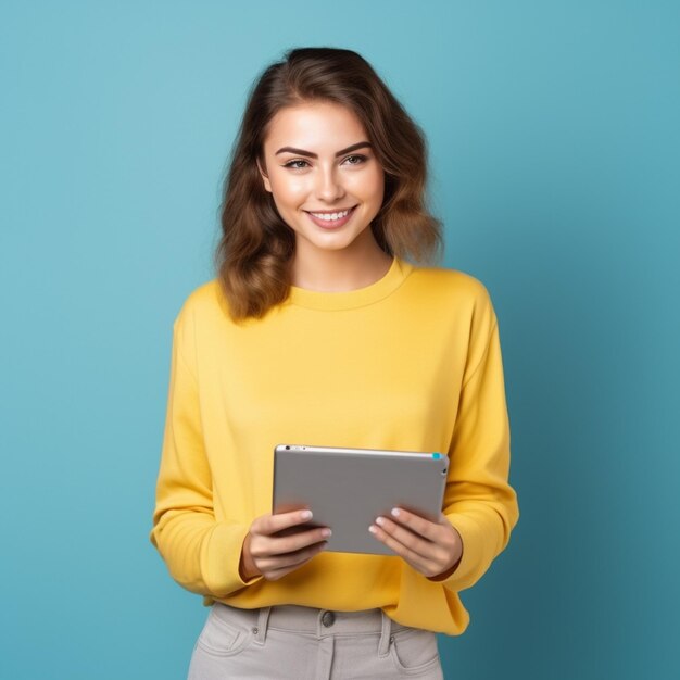 Portrait d'une belle fille avec un ordinateur portable de haute qualité