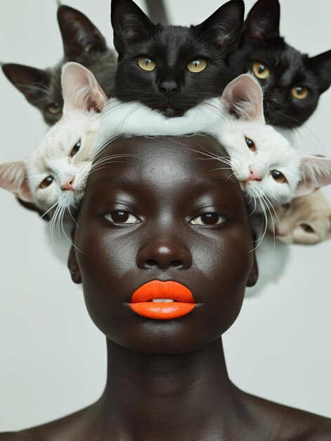 Portrait d'une belle fille à la peau sombre avec un chapeau fait d'un lit de chat avec des chats de différentes couleurs