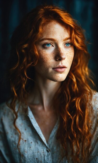 Portrait d'une belle fille rousse avec des taches de rousseur sur le visage