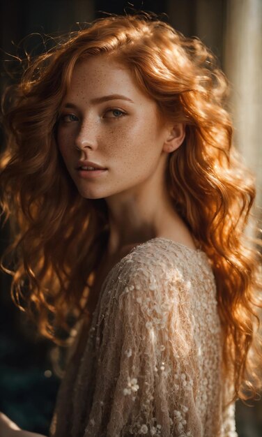 Portrait d'une belle fille rousse avec des taches de rousseur sur le visage