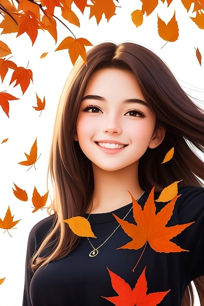 Portrait d'une belle fille souriante au milieu des feuilles qui tombent