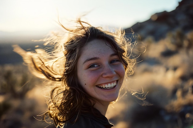 Portrait d'une belle fille souriante aux cheveux volants dans le désert