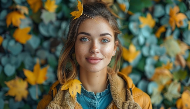 Portrait d'une belle fille souriante dans des feuilles jaunes d'automne