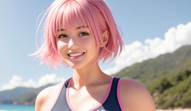 Portrait d'une belle fille sportive aux cheveux roses Generative AI