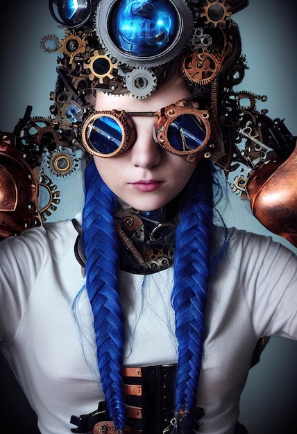 Portrait d'une belle fille steampunk fictive avec de beaux cheveux et des lunettes steampunk