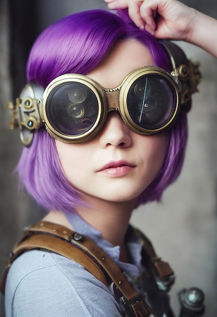 Portrait d'une belle fille steampunk fictive avec de beaux cheveux et des lunettes steampunk