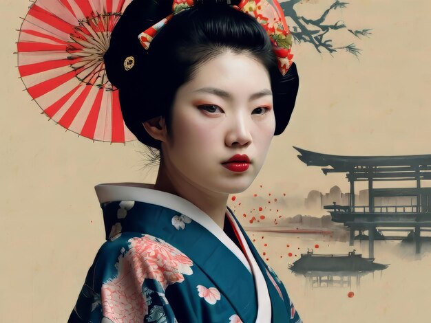 Portrait d'une belle geisha en kimono