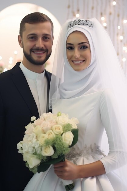 Portrait d'une belle et heureuse mariée arabe