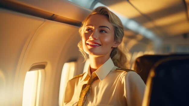 Portrait d'une belle hôtesse de l'air douce dans une cabine d'avion