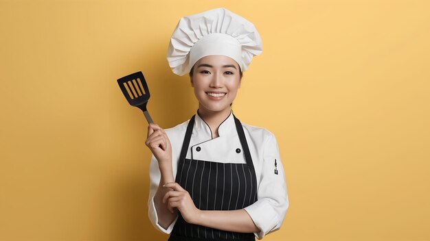 Photo portrait d'une belle jeune chef asiatique avec une spatule sur un fond jaune isolé