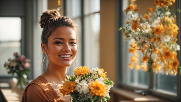 Portrait d'une belle jeune enseignante avec un bouquet de fleurs sur le fond d'une école