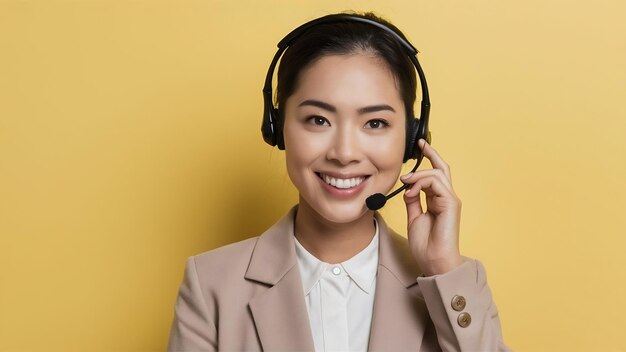 Portrait d'une belle jeune femme d'affaires asiatique avec un casque de service à la clientèle du centre d'appels sur le dos jaune