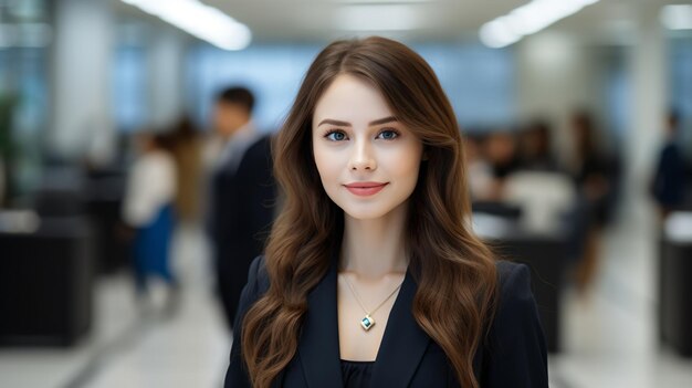 Portrait d'une belle jeune femme d'affaires souriante dans un environnement de bureau