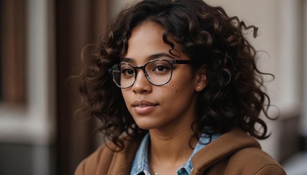 Portrait d'une belle jeune femme afro-américaine en lunettes à l'extérieur