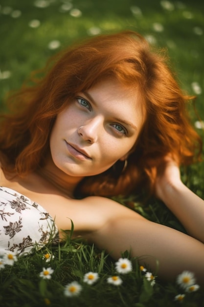 Portrait d'une belle jeune femme allongée sur l'herbe