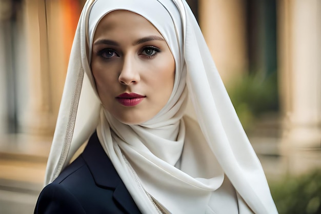 Photo portrait d'une belle jeune femme arabe musulmane portant un hijab blanc