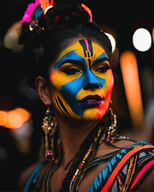 Portrait d'une belle jeune femme avec un art du visage maquillage coloré ai génératif