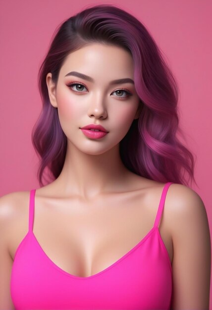 Portrait d'une belle jeune femme asiatique aux cheveux roses sur un fond rose