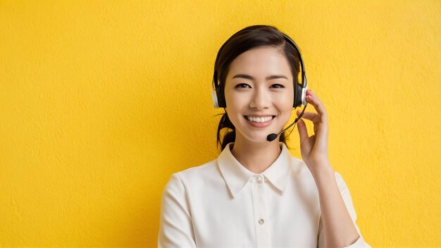 Portrait d'une belle jeune femme asiatique avec un casque pour la communication et le service de centre d'appels de soutien