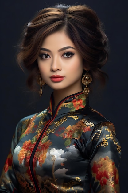 Portrait d'une belle jeune femme asiatique en costume traditionnel