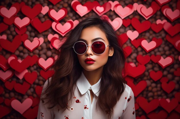 Portrait d'une belle jeune femme asiatique en lunettes de soleil sur fond rouge avec des cœurs