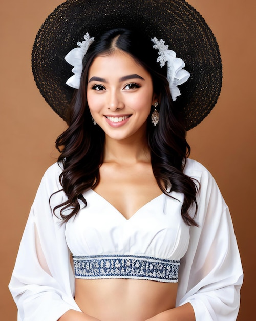 Portrait d'une belle jeune femme asiatique portant un chapeau et une robe