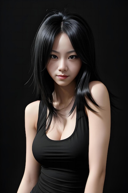 Portrait d'une belle jeune femme asiatique en robe noire sur fond noir