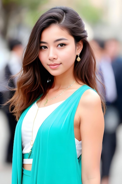 Portrait d'une belle jeune femme asiatique en robe verte