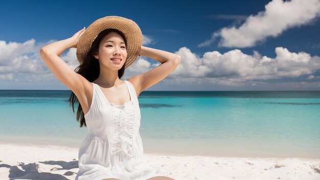 Photo portrait d'une belle jeune femme asiatique se détendant autour de la plage avec des nuages blancs sur le ciel bleu à trav