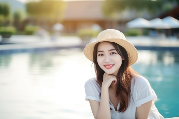 Portrait d'une belle jeune femme asiatique se détendre sourire loisirs autour de la piscine extérieure