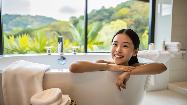 Photo portrait de belle jeune femme asiatique se détendre sourire loisirs dans la baignoire à l'intérieur de la salle de bain