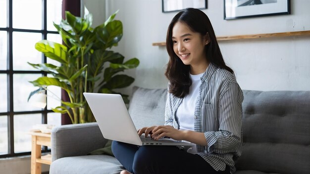 Portrait d'une belle jeune femme asiatique utilisant un ordinateur portable pour travailler et assise sur un canapé dans le salon.